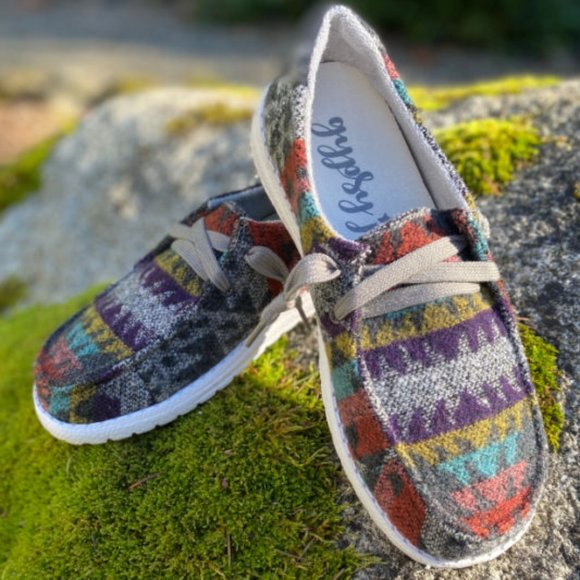 Gypsy Jazz Aaliyah Slip On Shoes in Grey Multi Aztec Print - Picture 1 of 3